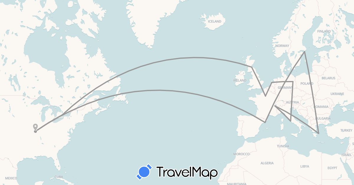 TravelMap itinerary: driving, plane in Canada, Switzerland, Germany, Spain, France, United Kingdom, Greece, Italy, Netherlands, Sweden, United States (Europe, North America)